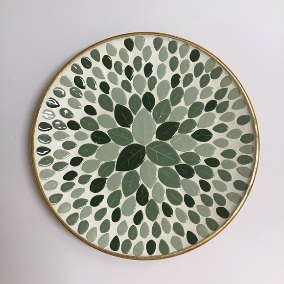 Mid Century Modern Mosaic Tile Round Plate 12” Console Green Leaves Art Vintage - Picture 9 of 16